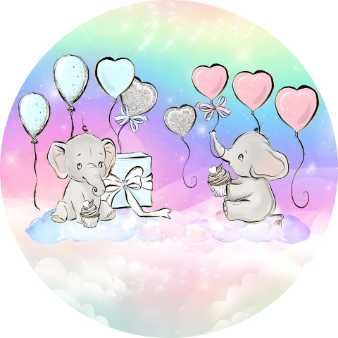 NOVO Painel Festa Infantil Redondo Elefantinho Chá Revelação, Céu Degrade Colorido com Brilhos + Arco, Suporte incluso. Fazemos personalizado com qualquer tema. Confeccionado em Lona fosca, impressão de alta resolução. cenário , p/ Decoração