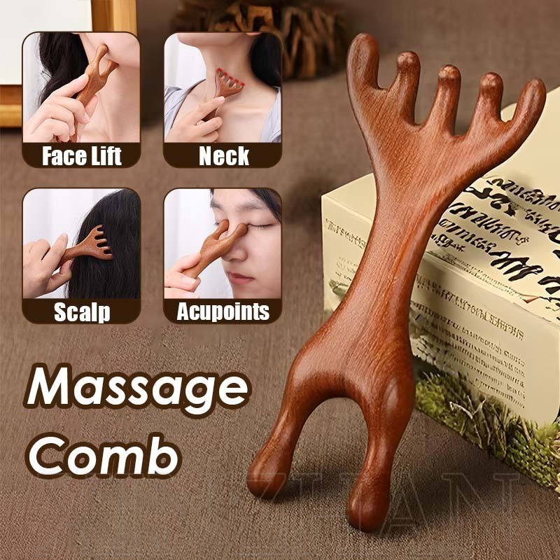 Pente De Acupuntura Deer Antler-Dente Largo E De Ponta Dupla-Ajuda Na Circulação Sanguínea-Ferramenta Massageadora Corporal-Cabeça De Sândalo Massagem De Couro Cabeludo De Madeira