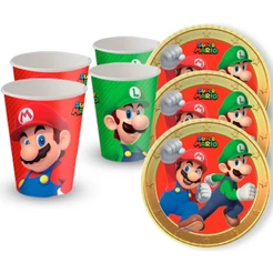 Kit Festa SUPER MARIO BROS 8 Pratos + 8 Copos Descartável 200 Ml Papel - FESTCOLOR (CHOCO)