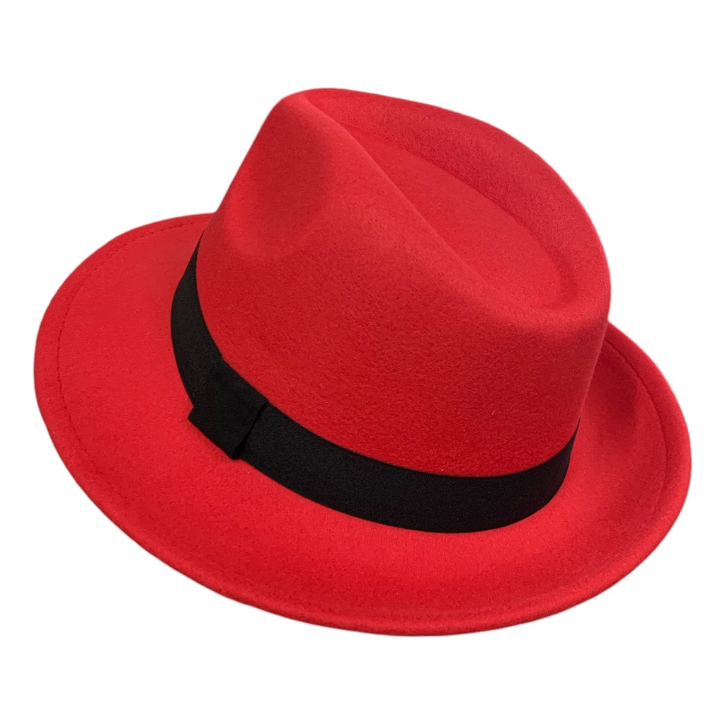 Exclusivo Chapéu Fedora De Feltro Vermelho Aba Média Curvada