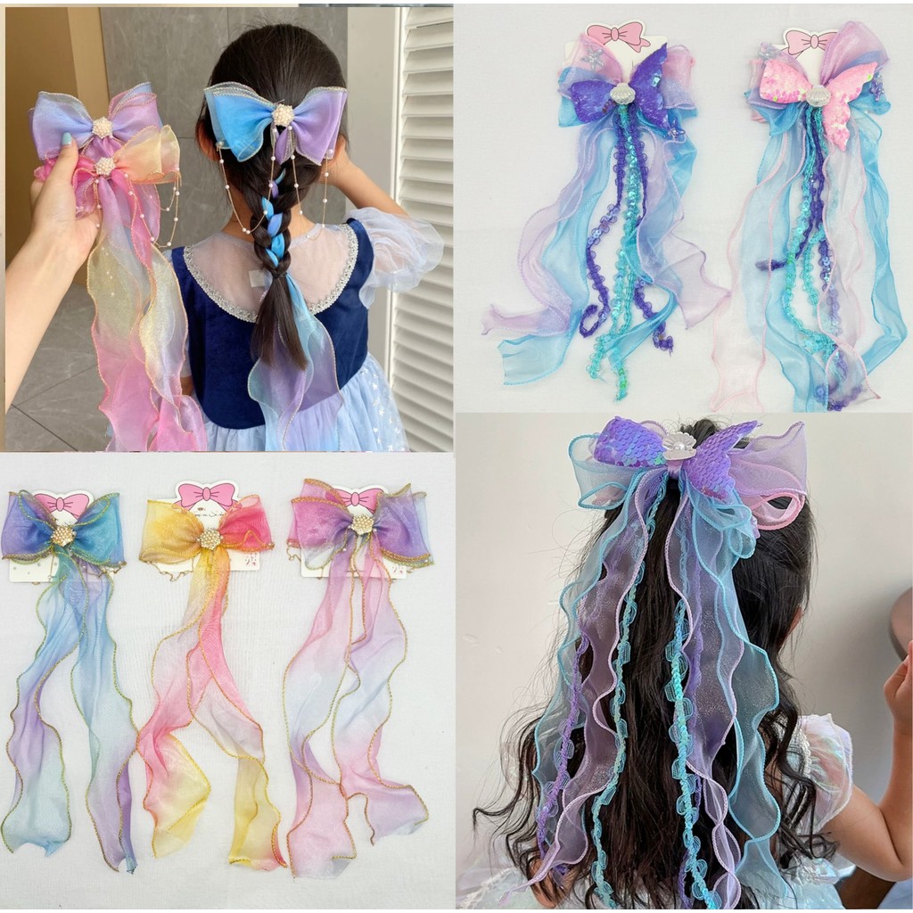 Fada Estilo Fita Laço De Mola Para Meninas PRINCESA Grampos De Cabelo De Sereia Doce Pérola Acessórios