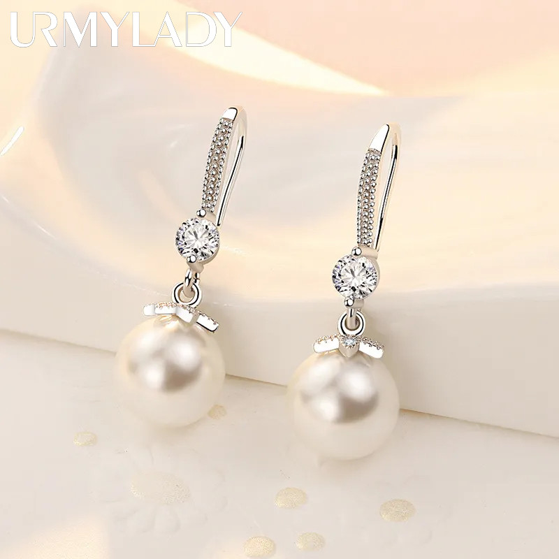 URMYLADY Fino 925 Prata Esterlina Luxo Cristal Zircão Pérola Brincos Encantos Para Mulher Jóias