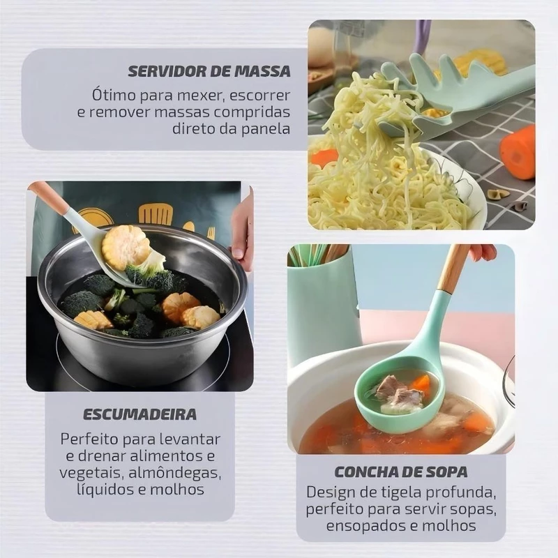 Kit 12 Peças de Utensílios de Cozinha em Silicone e Bambu — foto 9