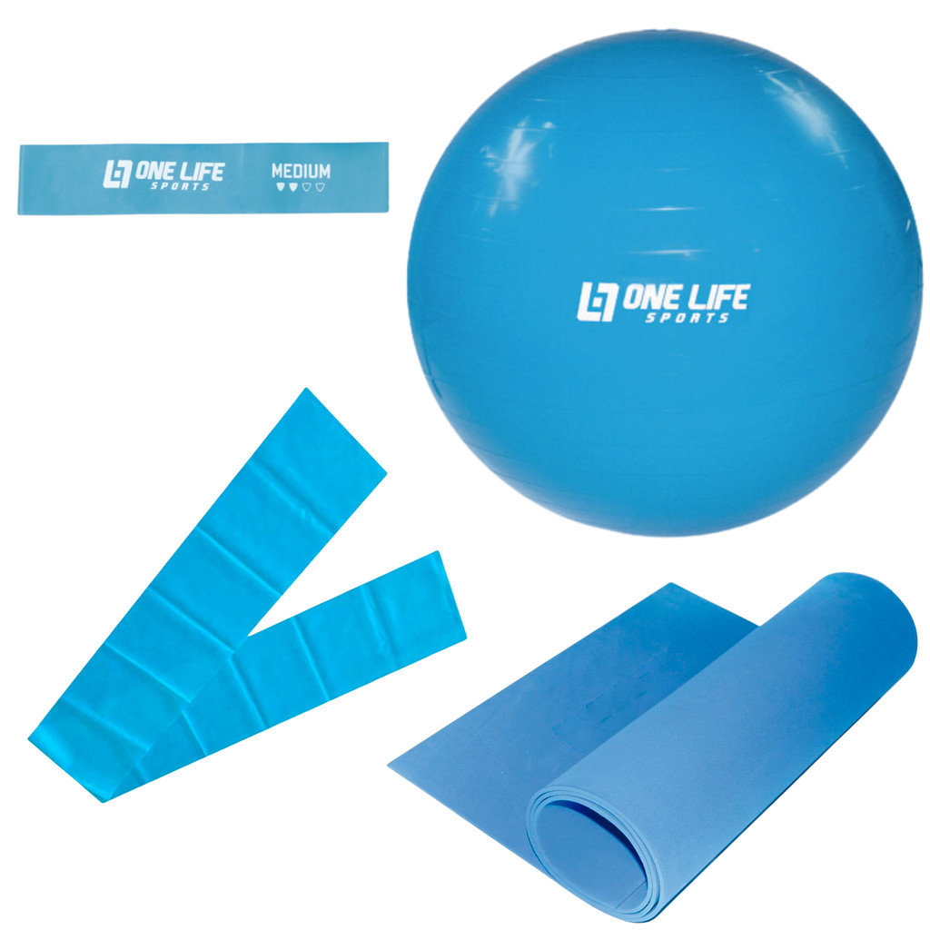 Kit Alongamento - Tapete 1,20mt + Faixa Elástica Média  + Mini Band Média + Bola Suiça 55cm