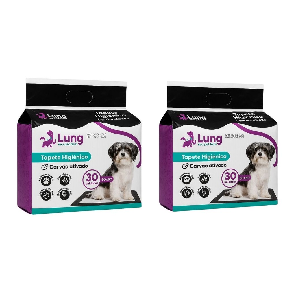 Kit 2 Tapete Higienico p/ Cachorro Pet Carvão Ativado 50x60cm 30un Colante c/ Aba Gel Absorvente