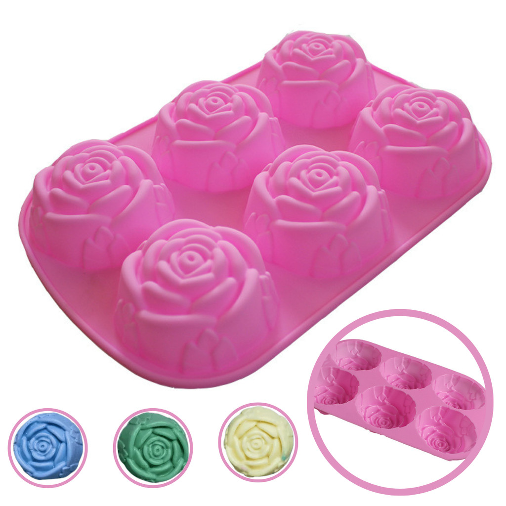 Forma Silicone Rosa 6 Cavidades Molde Sabonete Artesanal Vela Gesso Chocolate Flor Rosa Luxo