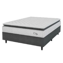 Cama Box Colchão Casal Molas Ensacadas City Pillow Top 138x188x61cm Branco-Preto Hellen Suporta até 110kg por Pessoa