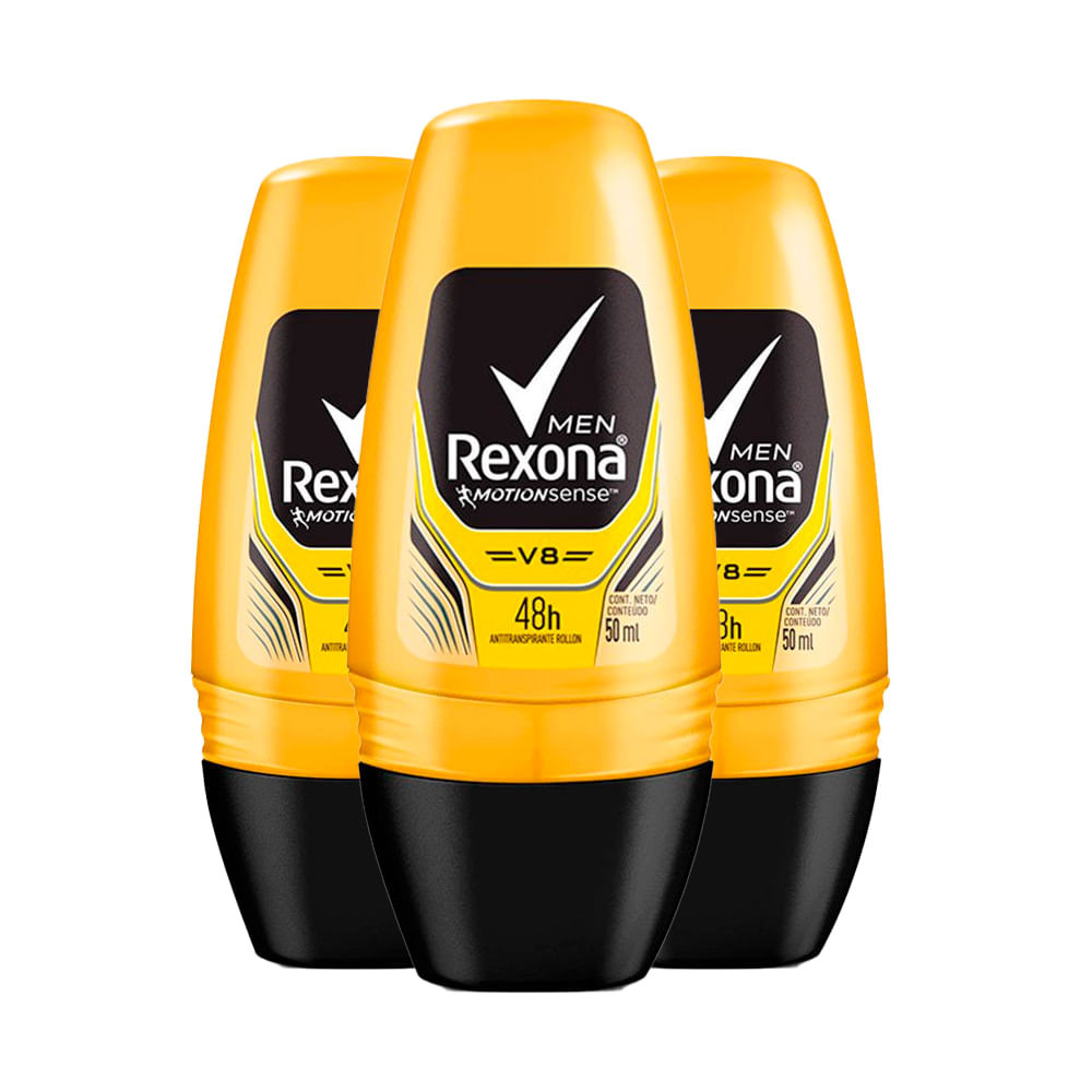 Kit Desodorante Roll On Rexona V8 50ml - 3 Unidades - Beauty
