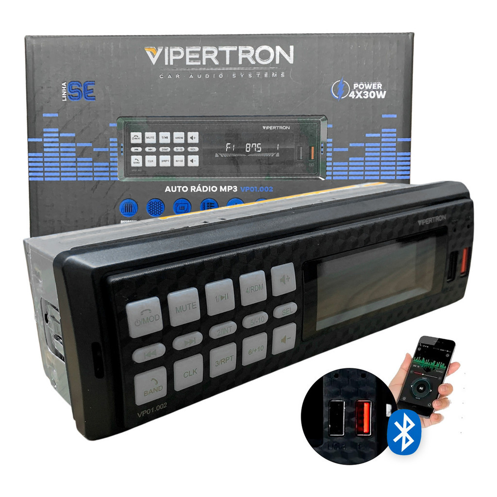 Rádio Vipertron MP3 FM Bluetooth USB LCD 4x30W Universal Equalizador RCA Conector ISO em Oferta na Shopee