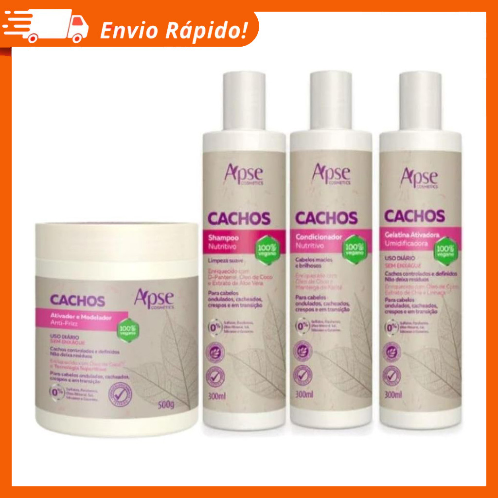 Kit Apse Cachos Tratamento 4 itens Shampoo, Condicionador, Gelatina e Ativador Anti Frizz - Apice