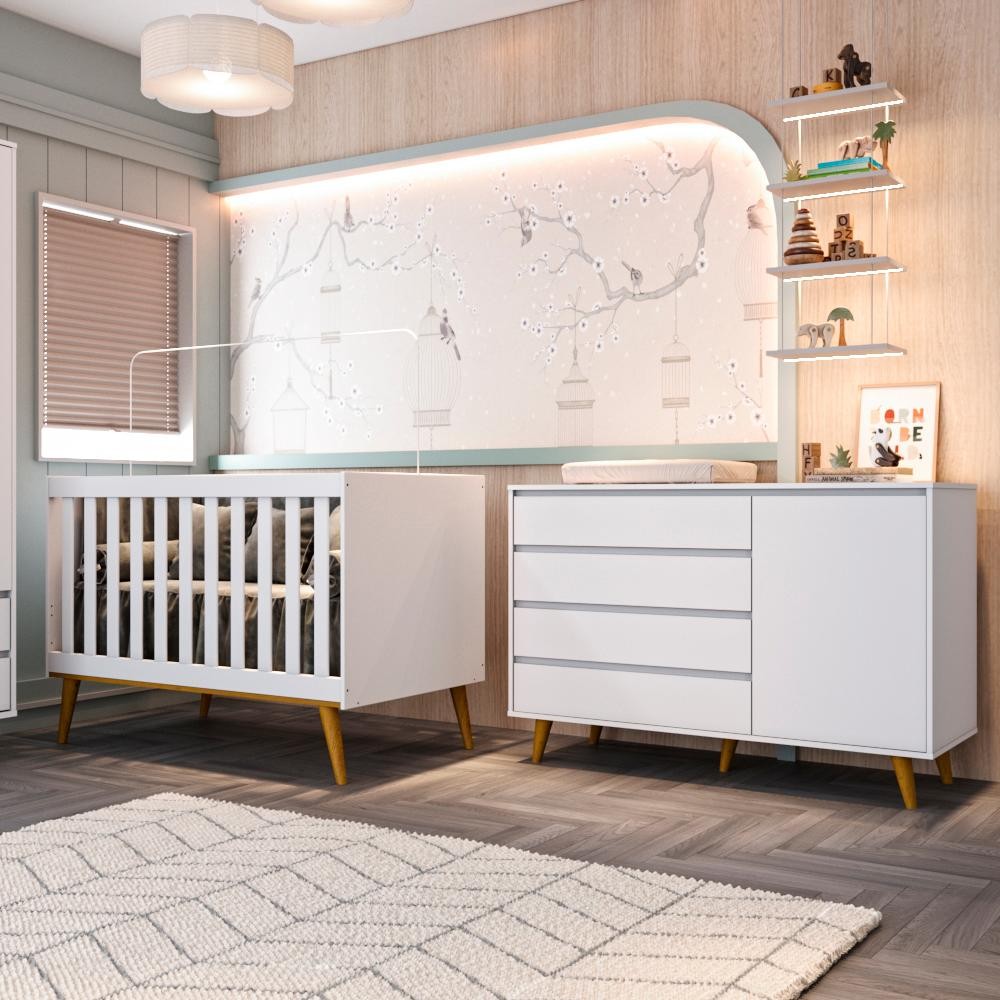 Quarto Bebê Completo Berço Americano 3Em1 Cômoda 4 Gavetas 1 Porta 100% MDF em Oferta na Shopee