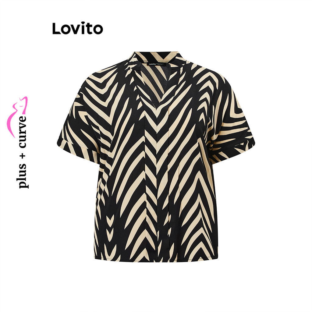 (Trendy) Lovito Blusa Curva Plus Size Blusa Geométrica Elegante Para Mulheres LBL18300 - Women Clothes
