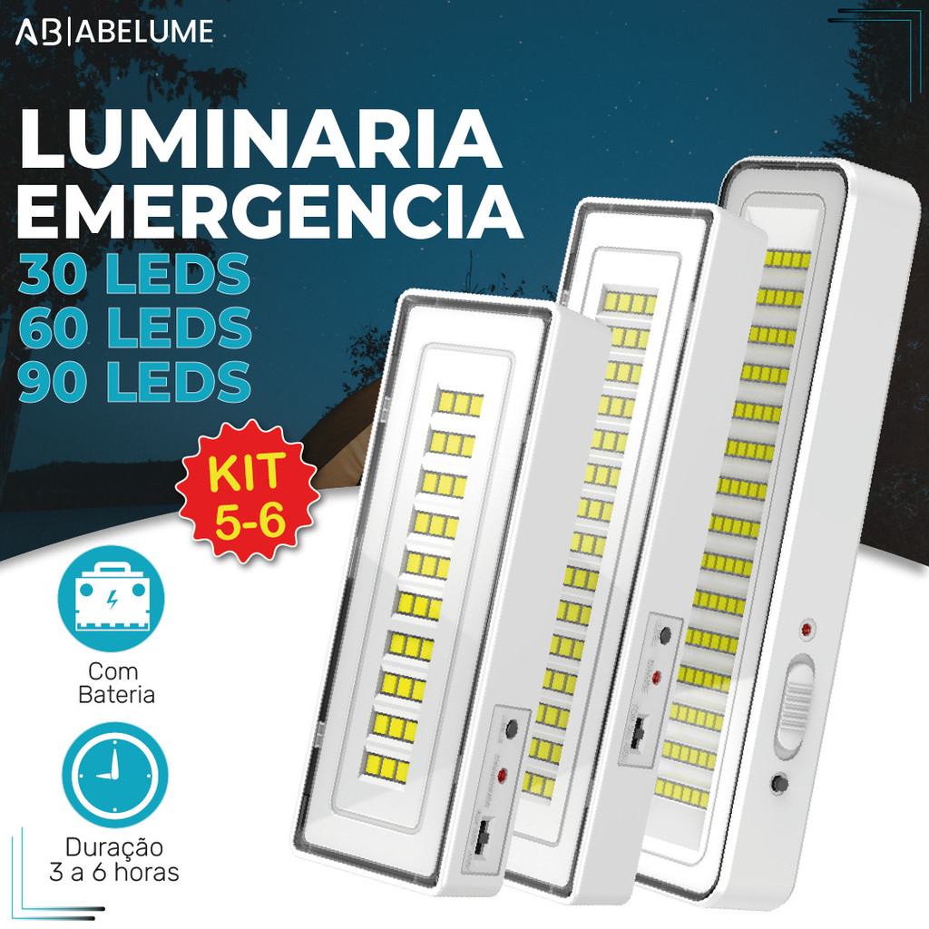 Kit 6 Luminária Emergência Lâmpada Portátil 30 60 90 Leds Recarregável Bivolt Luz Branca Fria - Home & Living