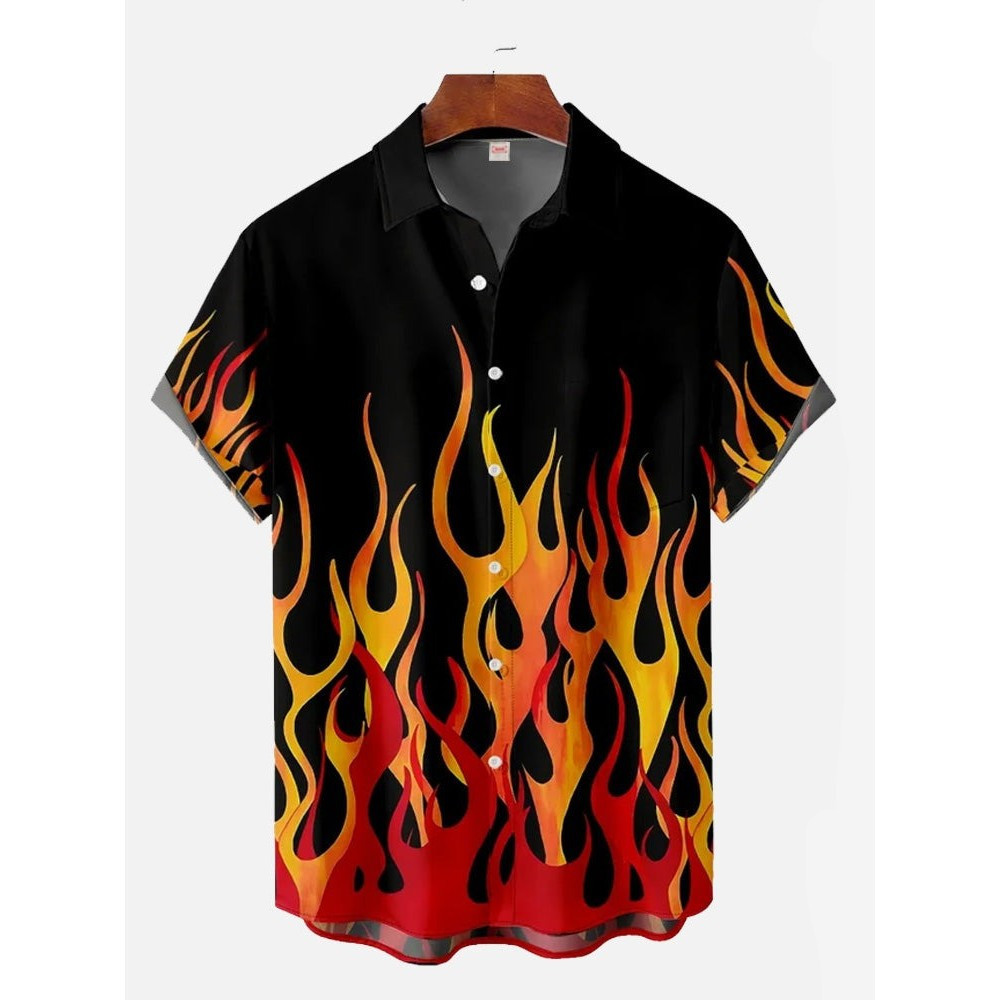 Camisa Estampada De Chama 3 Havaiana Masculina De Manga Curta Praia Moda Férias Capa Verão Botão