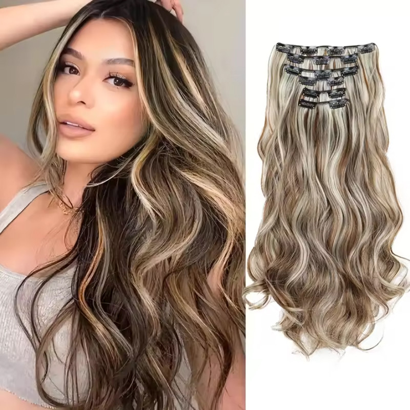 6 Pçs/set 16 Clipes Na Extensão Do Cabelo Longo Encaracolado Perucas De Sintético Para Mulher Preto Marrom em Oferta na Shopee