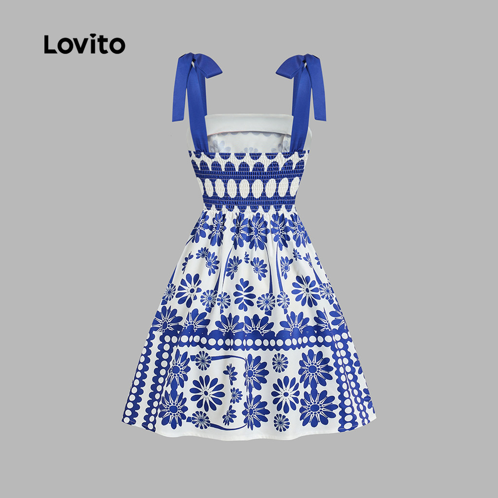 (Trendy) Lovito Vestido Boho Padrão Geométrico Azul Vestido Primavera/Verão Para Mulheres L131ED1152