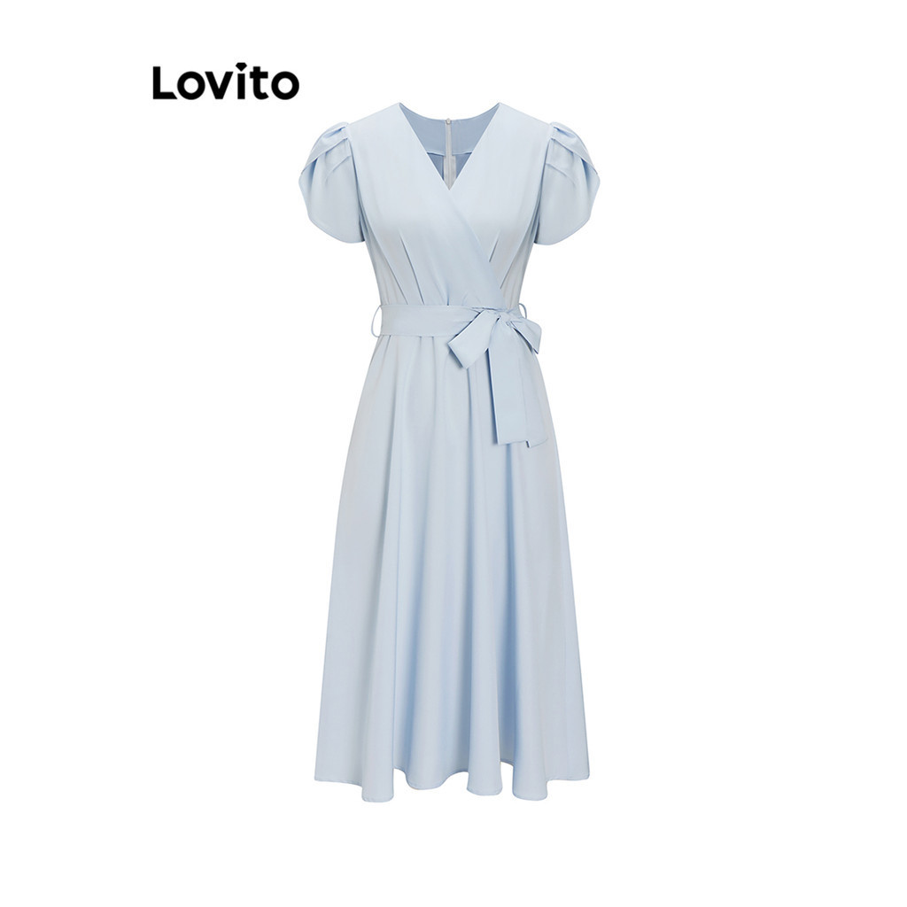 (Trendy) Lovito Vestido Casual Liso Com Cinto Evasê Para Mulheres L65ED138 (Damasco/Azul) em Oferta na Shopee