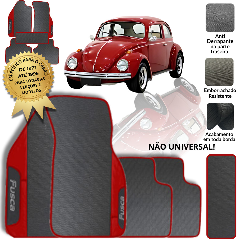 Jogo Tapete Fusca 1971 a 1996 5 Peças Emborrachado Vermelho com Túnel Antiderrapante Lavável