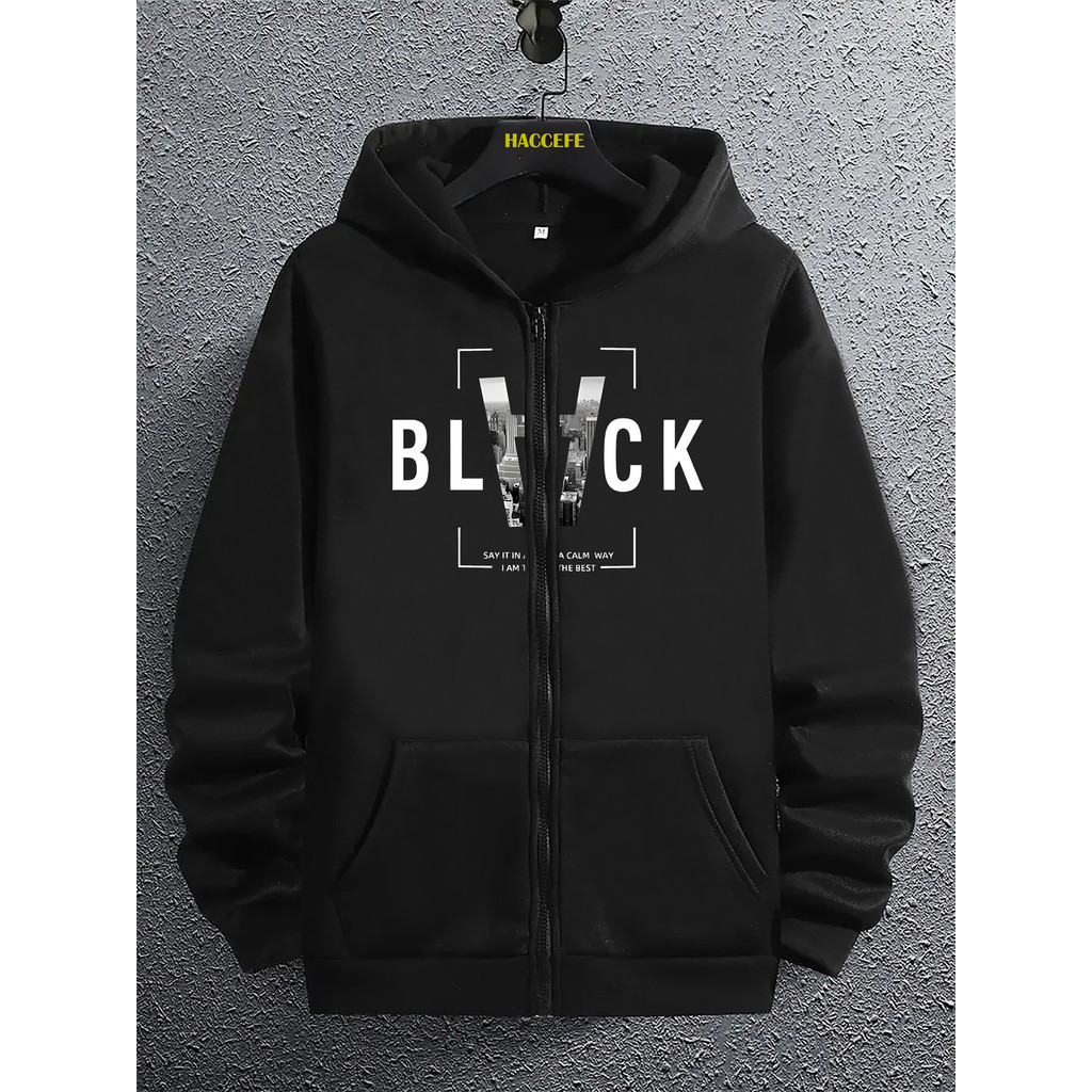 Moletom com capuz e ZIPER masculino preto com estampa "BLACK" e bolso canguru - Pulôver casual de manga comprida em Oferta na Shopee