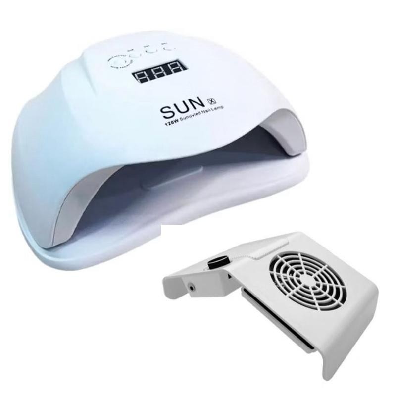 Kit Cabine LED UV 128W + Coletor de Pó Unhas | Secador Gel Manicure Profissional Salão Doméstico Aspirador Elétrico