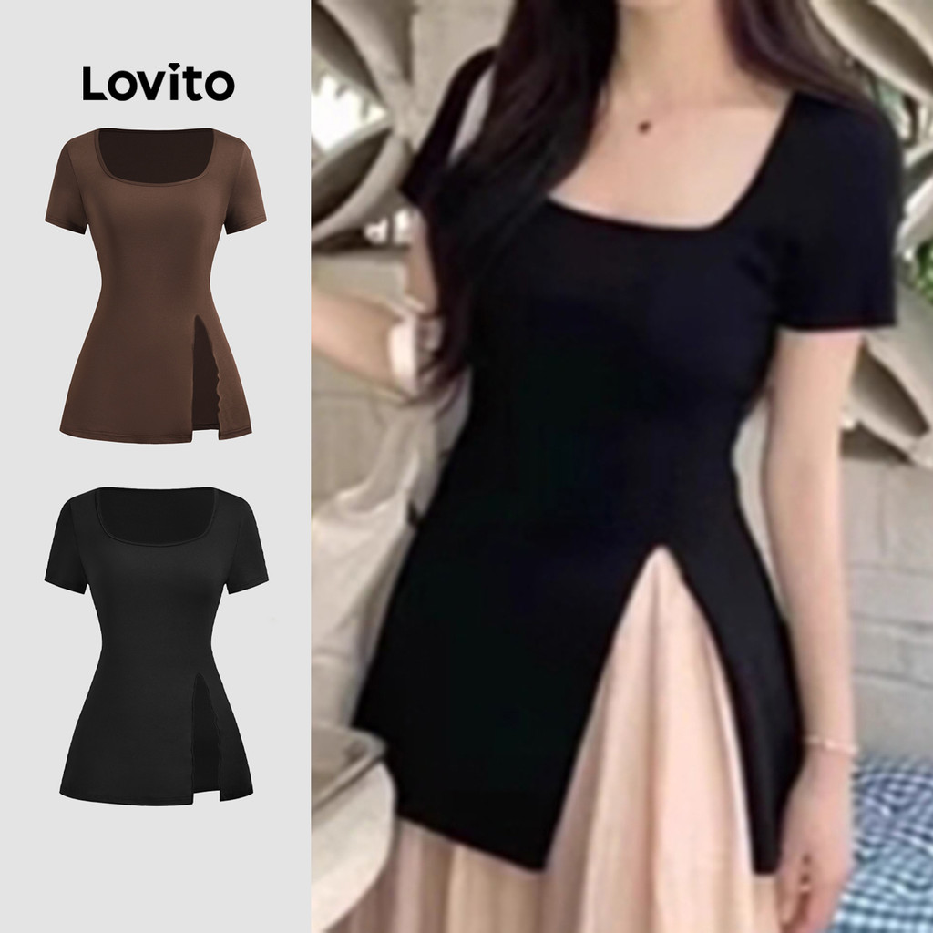 Lovito Camiseta Casual lisa com frente dividida para mulheres L121AD1187 - Women Clothes