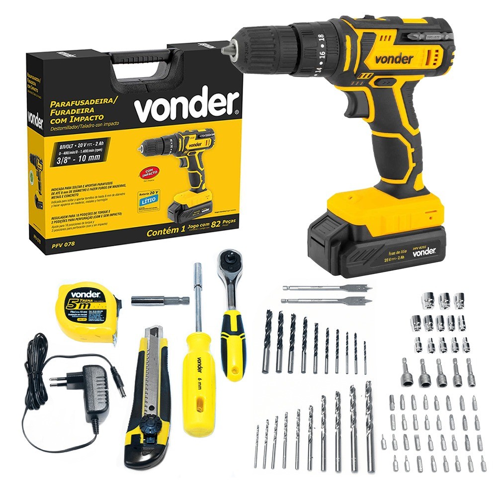 Furadeira Parafusadeira de impacto 3/8" a bateria 20V com 78 acessórios PFV 078 Vonder Vonder - Home & Living