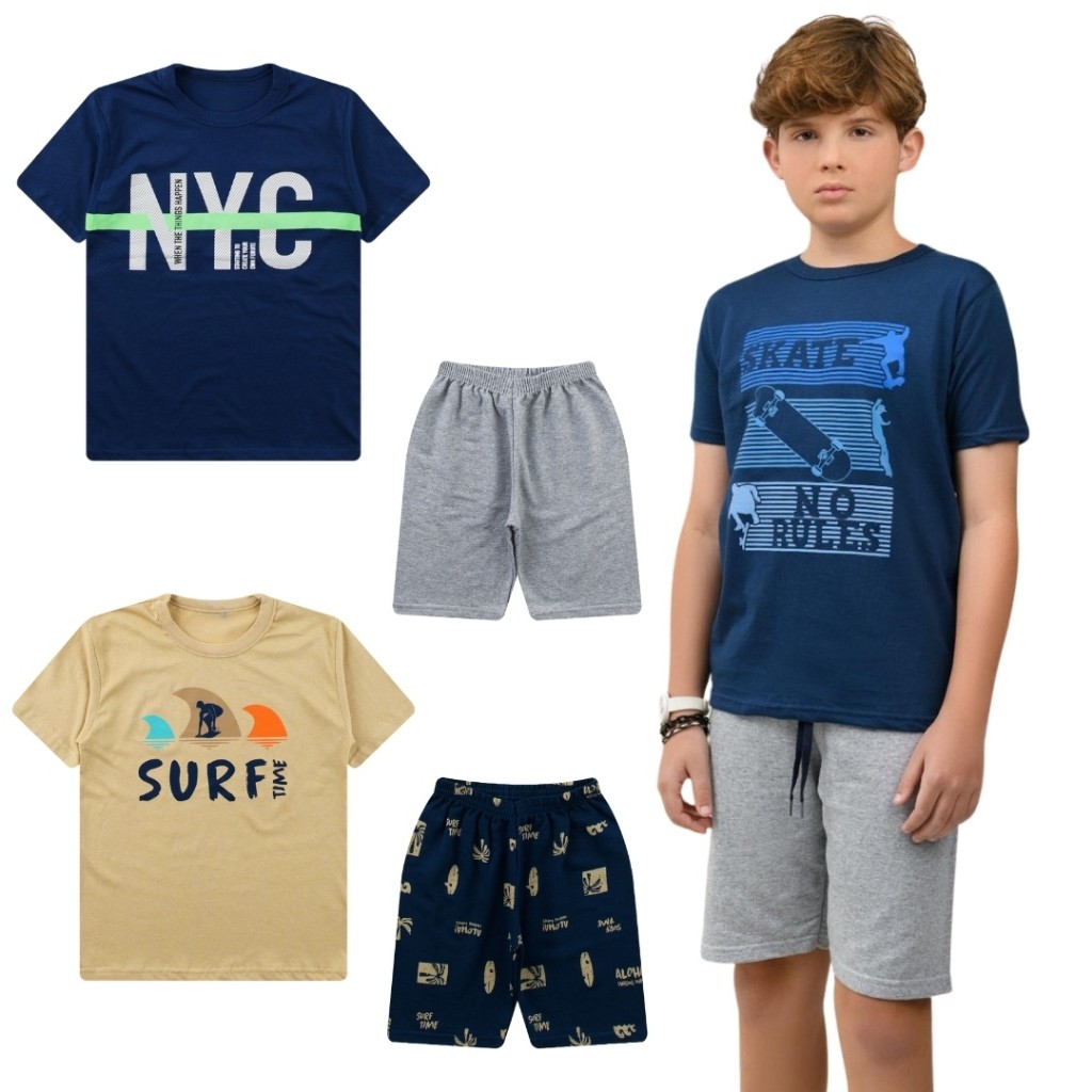 Kit 4 Peças Conjunto Infantil Menino Juvenil Masculino 10 ao 16 Anos Algodão Premium Bermuda Camisa
