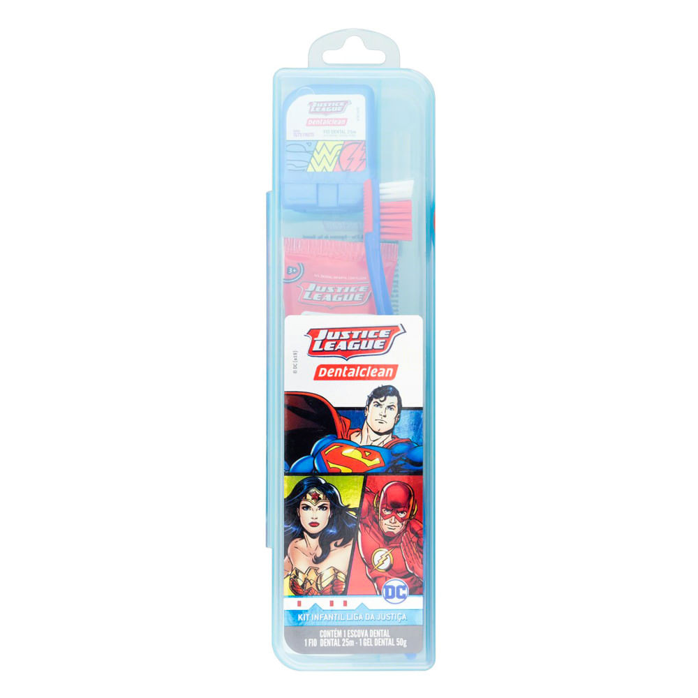 Kit Viagem DentalClean Infantil Justice League 1 Escova Dental + 1 Fio Dental + 1 Gel Dental + Estojo - Health
