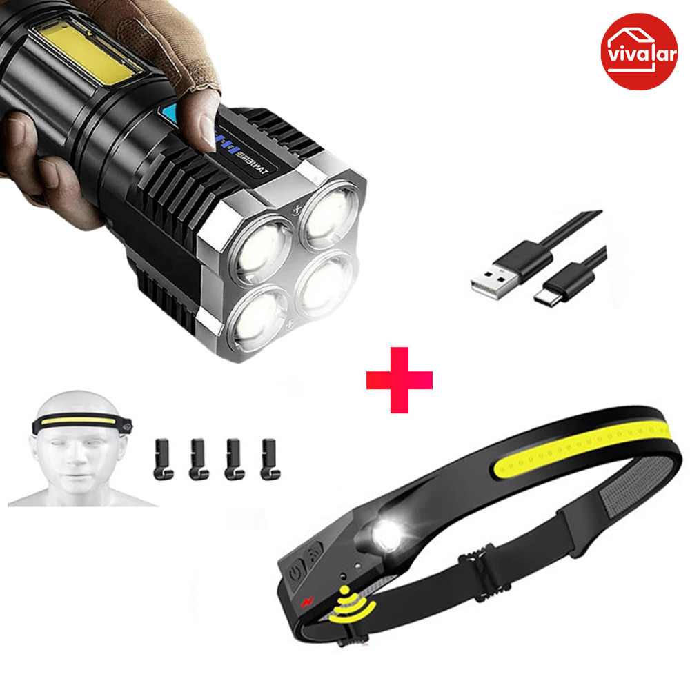 KIT de Lanterna Tatica Recarregavel + Lanterna de Cabeça Led Corpo Motion Camping Torch Light Lamp Com Usb