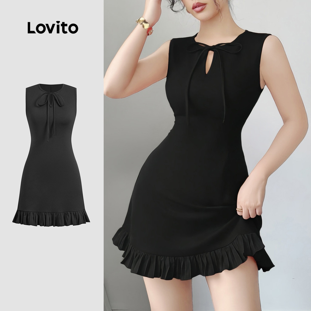 Lovito Vestido Glamouroso com Fechamento Ajustável  Primavera/verão  Vestido preto L142ED957 em Oferta na Shopee