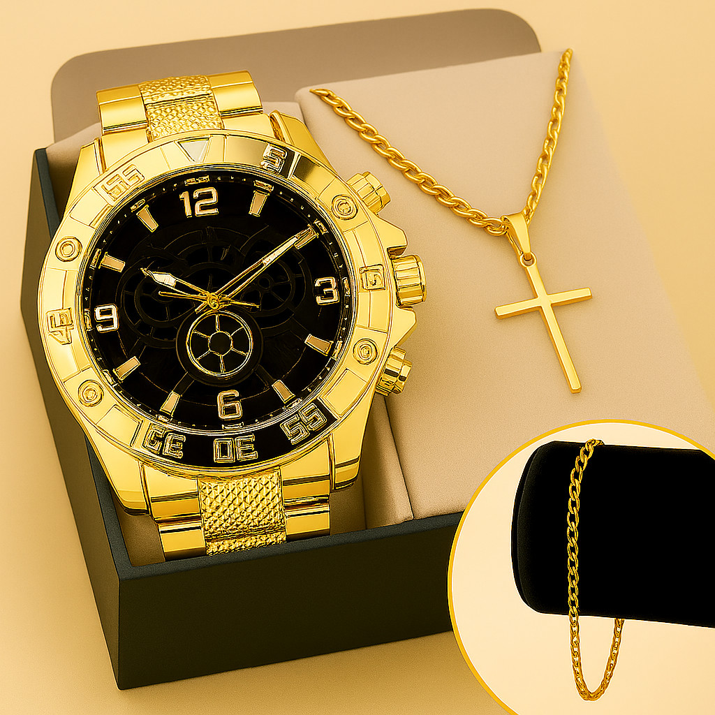 Kit Relógio Aço Inox Masculino + corrente Pingente Cruz e pulseira