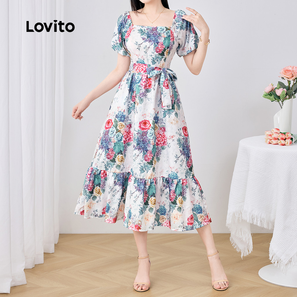 (New) Lovito Vestido Vintage com Cinto para Primavera/verão para mulheres L143EDD443 em Oferta na Shopee