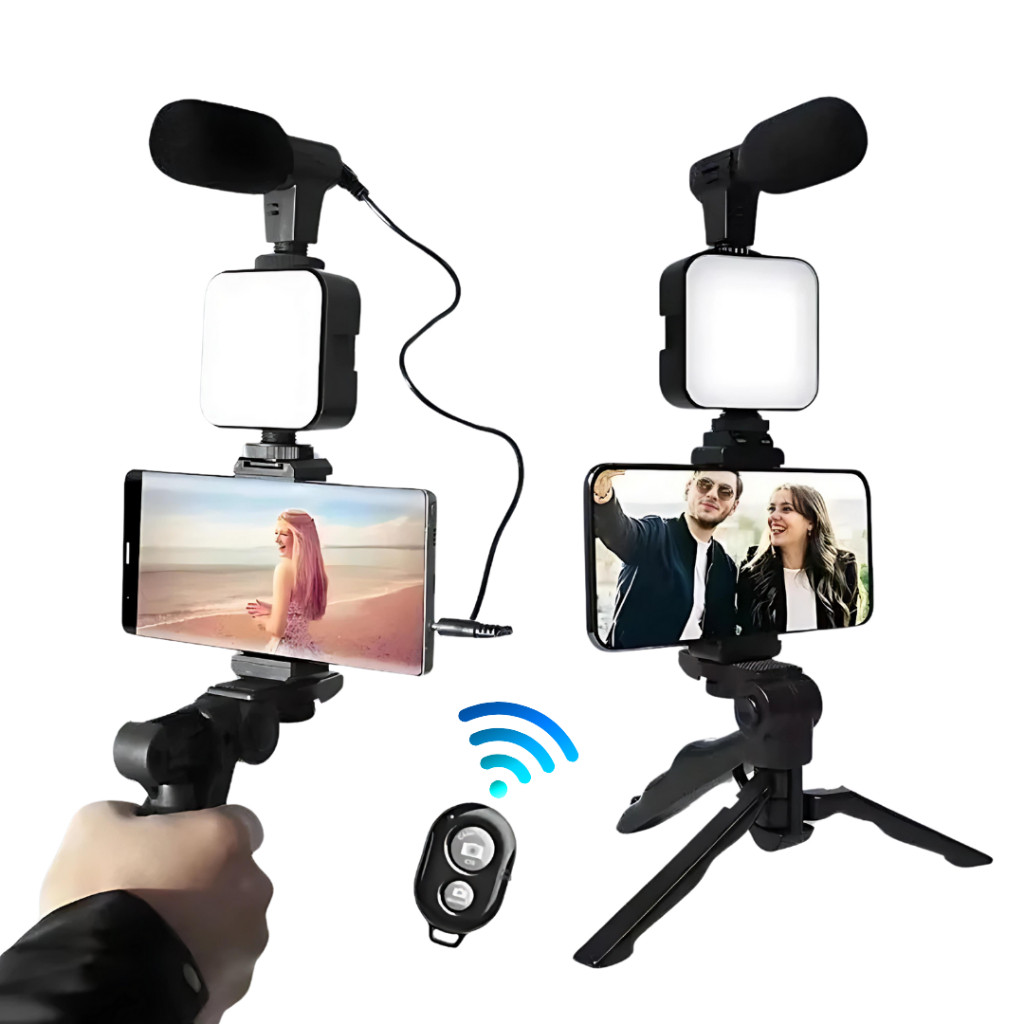 Kit 2 Tripé Celular Suporte Led E Microfone Youtuber podcast Vlog Live