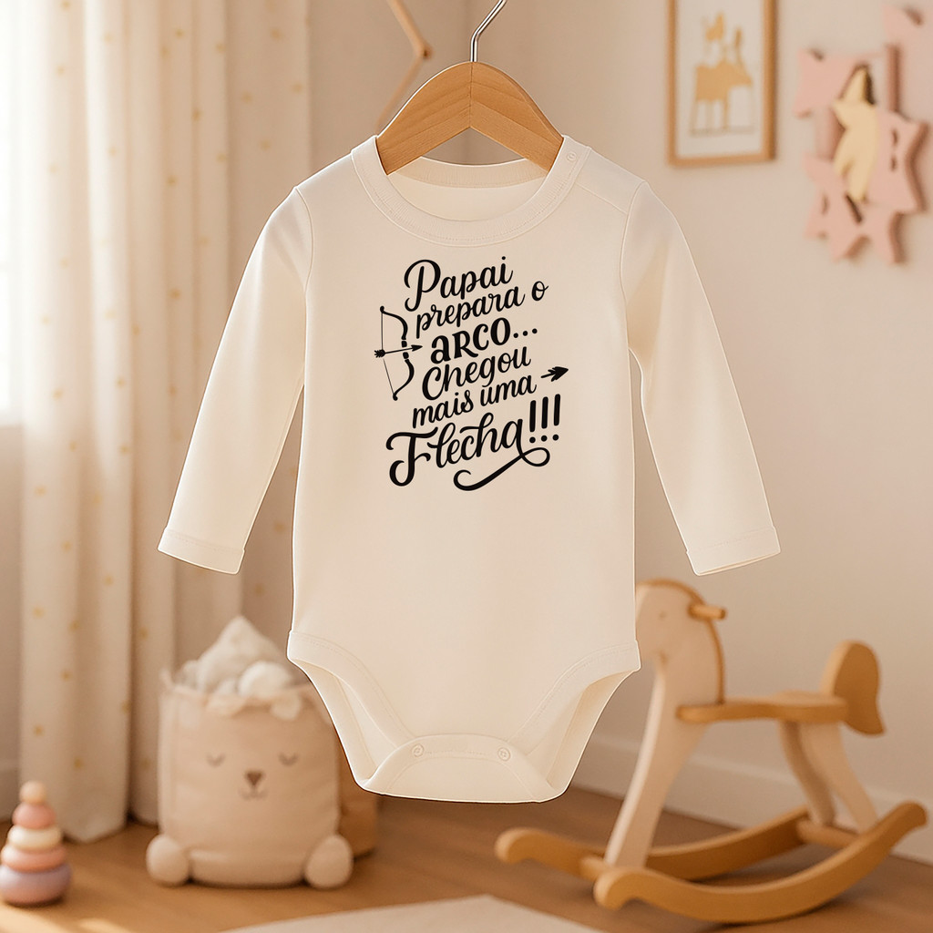 Body Bebê "Papai prepara o arco chegou mais uma flecha" 100% Algodão Fio Egípcio - Noah
