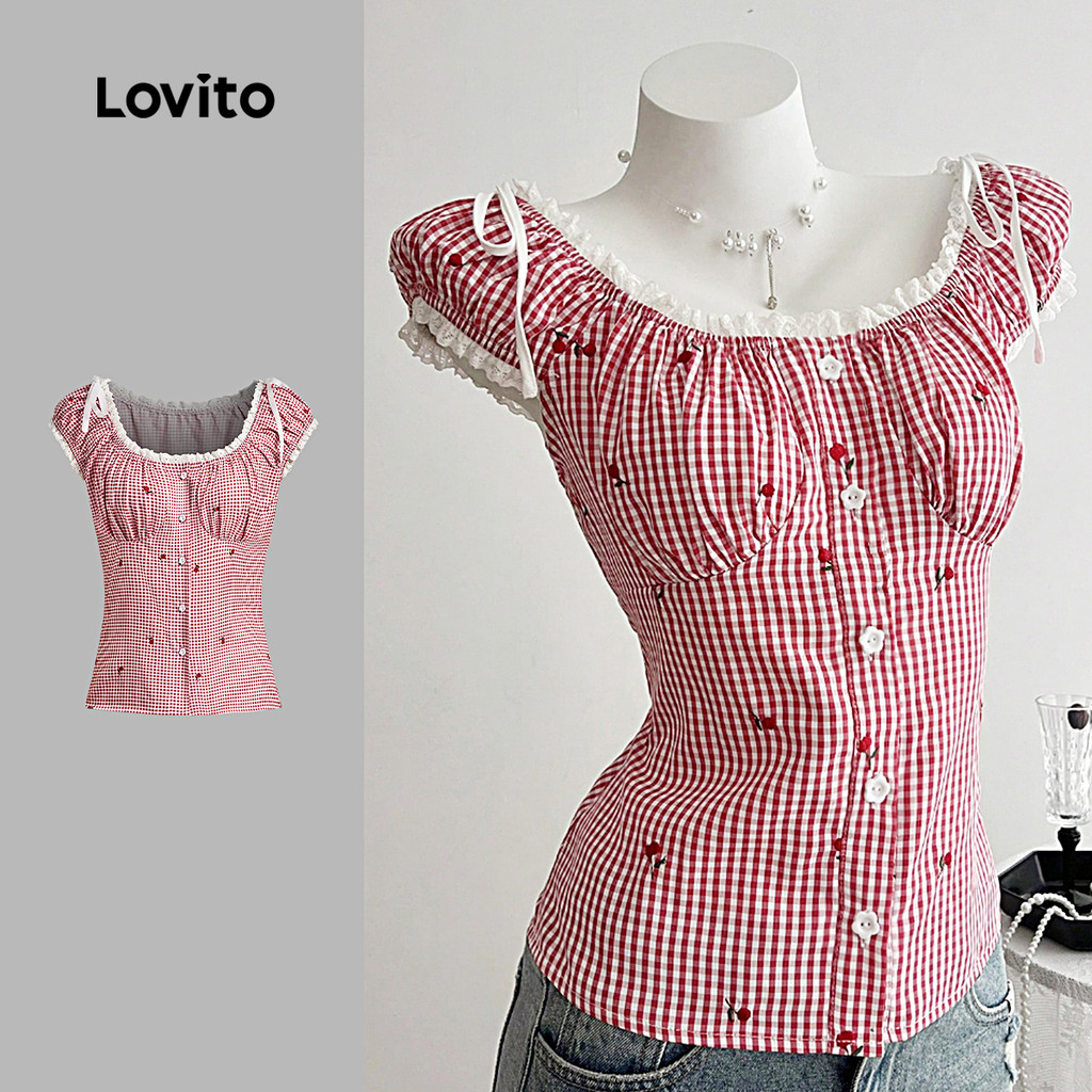 (New) Lovito Blusa Fofa de Renda com Cadarço Primavera/verão Blusa Vermelha para Mulheres L144AD157 em Oferta na Shopee