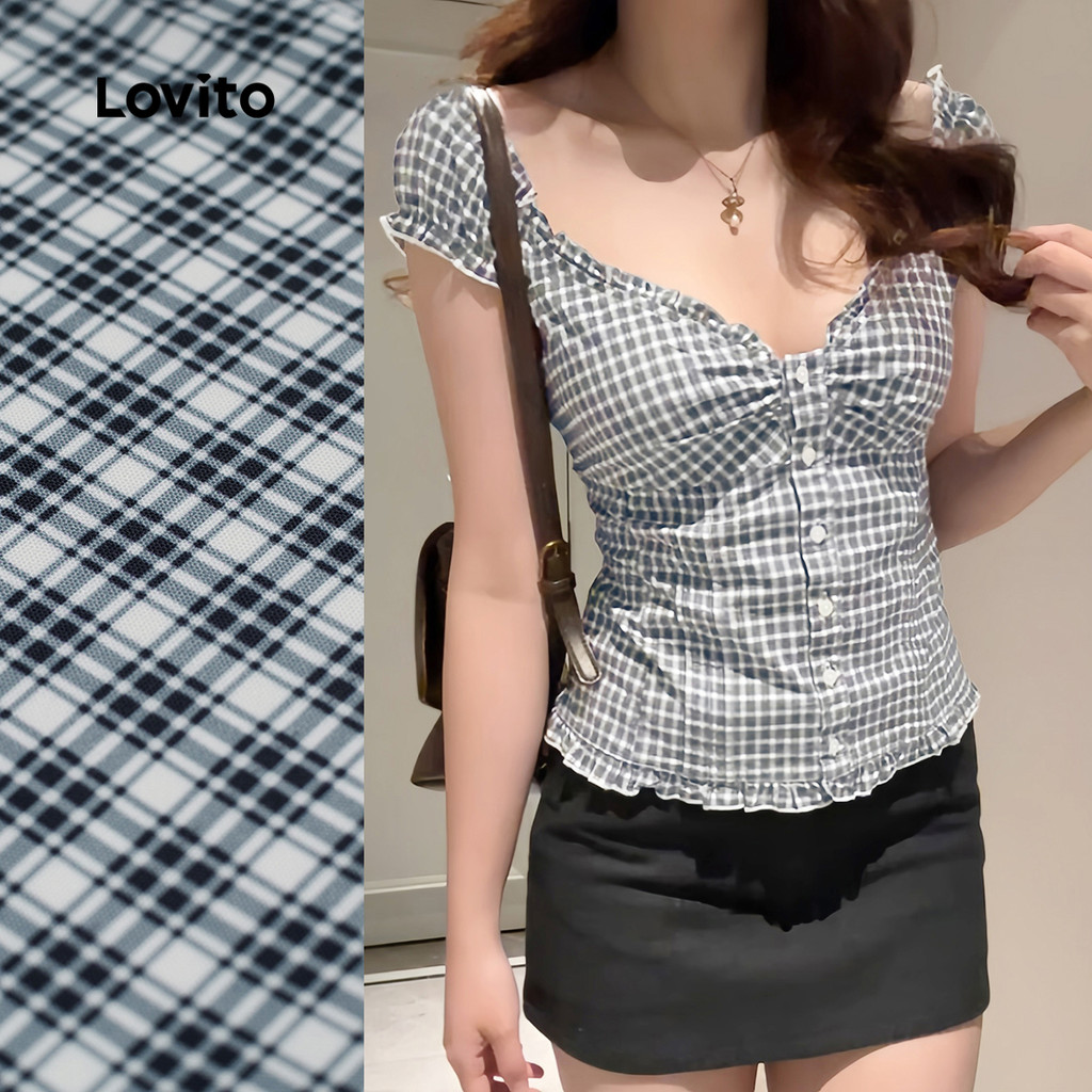 (New) Lovito Blusa Fofa com Acabamento em Alface  Botões  Primavera/verão  Blusa Preta e Branca para mulheres L144AD159 em Oferta na Shopee