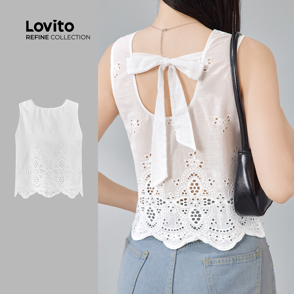 (NEW) (Lovito Refine) Blusa Casual com Babados Exagerados  Amarre Nas Costas  Primavera/verão  branca LR13E004 em Oferta na Shopee