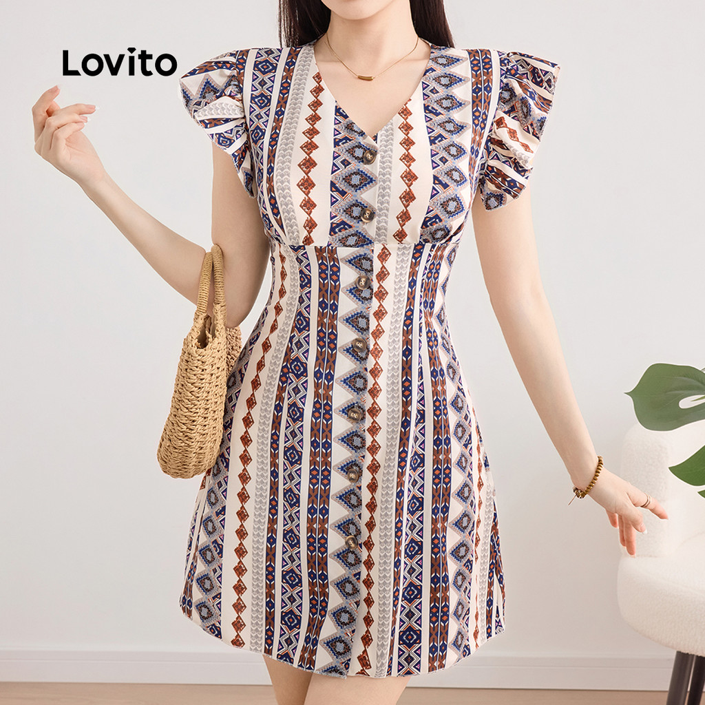 (New) Lovito Vestido Casual com Babado  Drapeado  Primavera/verão para mulheres L243AD598 em Oferta na Shopee