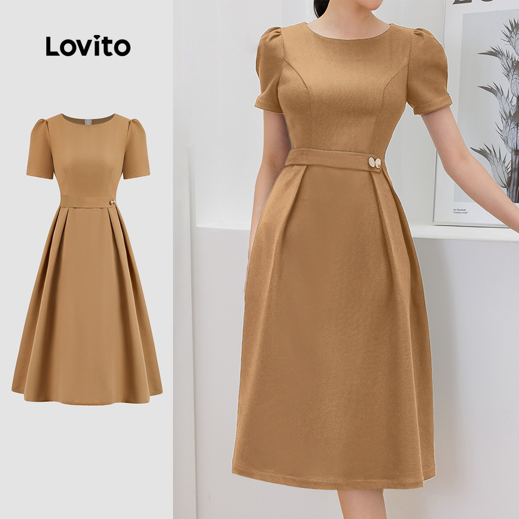 (New) Lovito Vestido Elegante com Pregas  Estrutura com Zíper  Primavera/verão  Vestido azul marinho L143ED309 em Oferta na Shopee