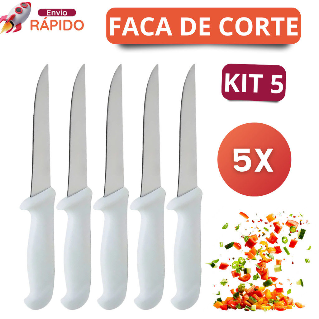 Jogo 5 Facas Afiadas para Cortes Descascar Cenoura Tomates Legumes Cozinha Inox Cabo Branco