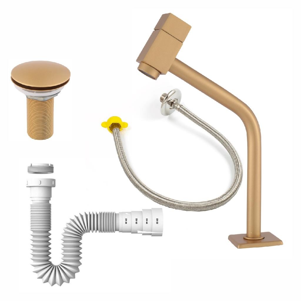 Kit Torneira Link Quadrada Dourada + Sifão + Engate 60cm + Válvula Click Dourada Luxo em Oferta na Shopee