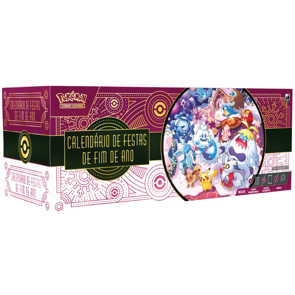 BOX POKÉMON CALENDÁRIO DE FESTAS DE FIM DE ANO 2025 COPAG 98 CARTA PACOTE BOOSTER TCG MOEDA SURPRESA