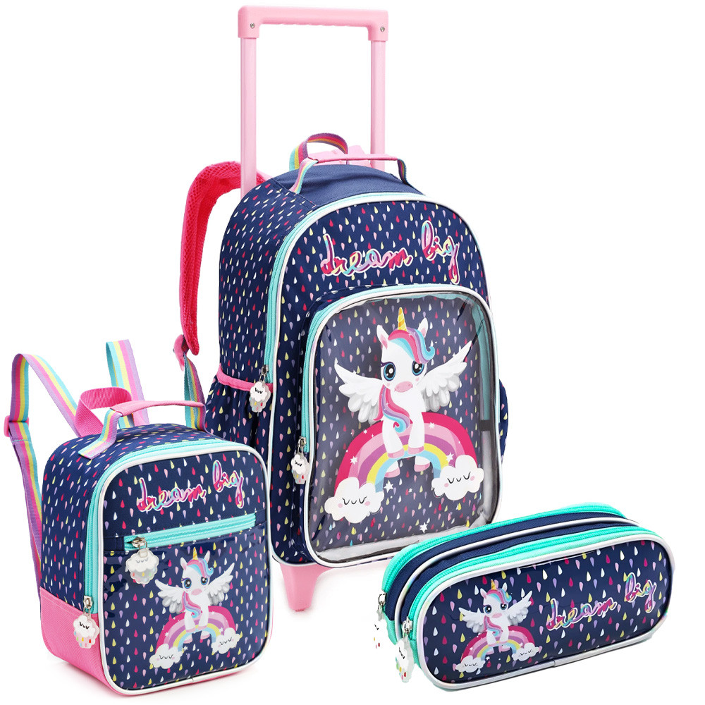 Kit Mochila Carrinho Estojo Lancheira Dream Big Unicórnio