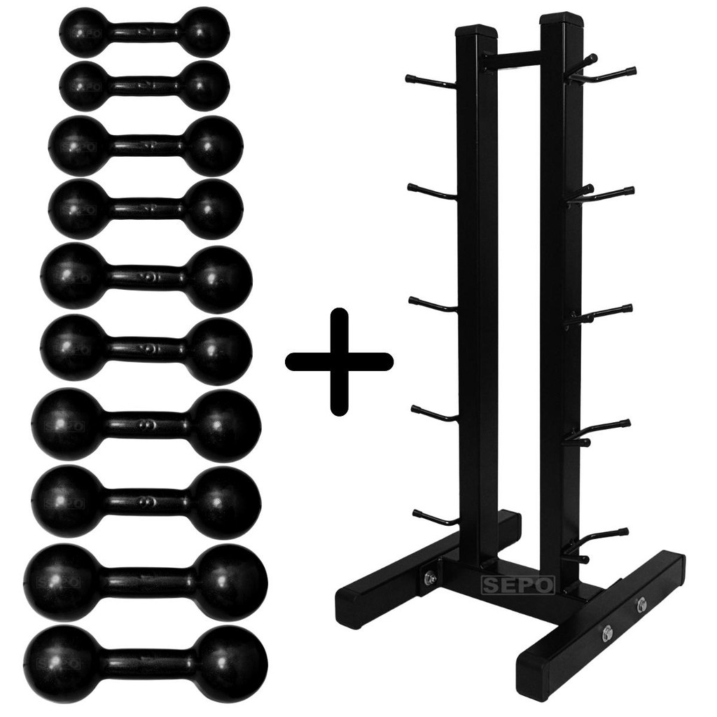 Kit Halteres Emborrachados Pretos Pares 2. 4. 6. 8 e 10Kg + Suporte de Chão Preto em Oferta na Shopee