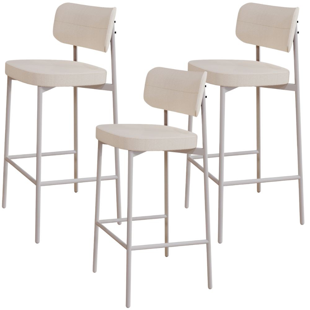 Kit 03 Banquetas Alta Bar Cozinha Sala De Jantar Aço Branco Kaira C01 Linho Palha - Lyam Decor
