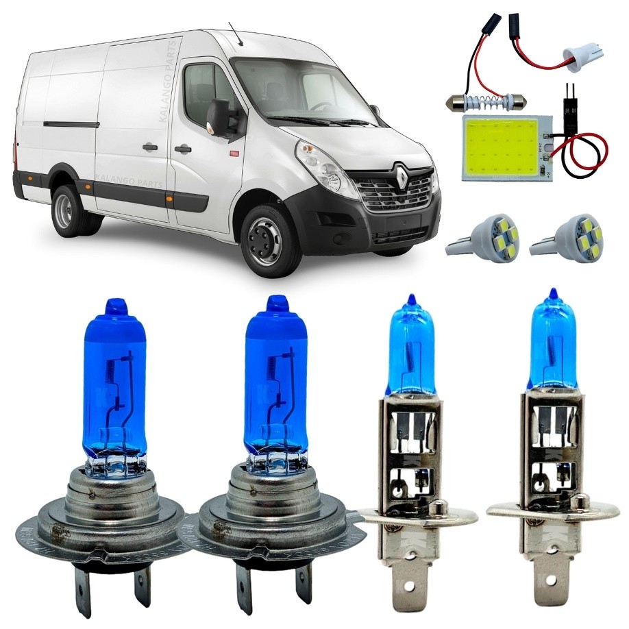 Kit Lâmpadas H7 H1 Super Branca 8500K Alto Baixo Renault Master 2013 A 2016 Luz De Teto + Pingo T10