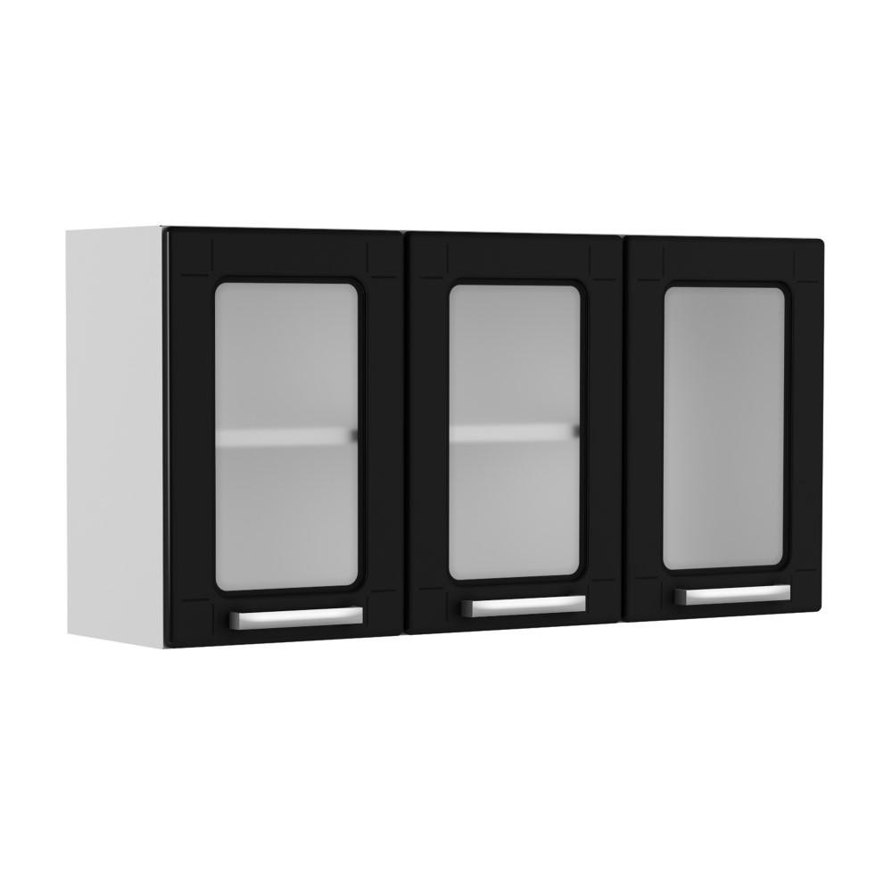 Armário Aéreo Cozinha Com Vidro 3 Portas Branco e Preto