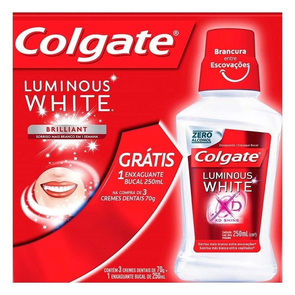 Creme Dental Colgate Luminous White Brilliant 70g 3 Unidades + Antisséptico Bucal Luminous White 250ml - Health