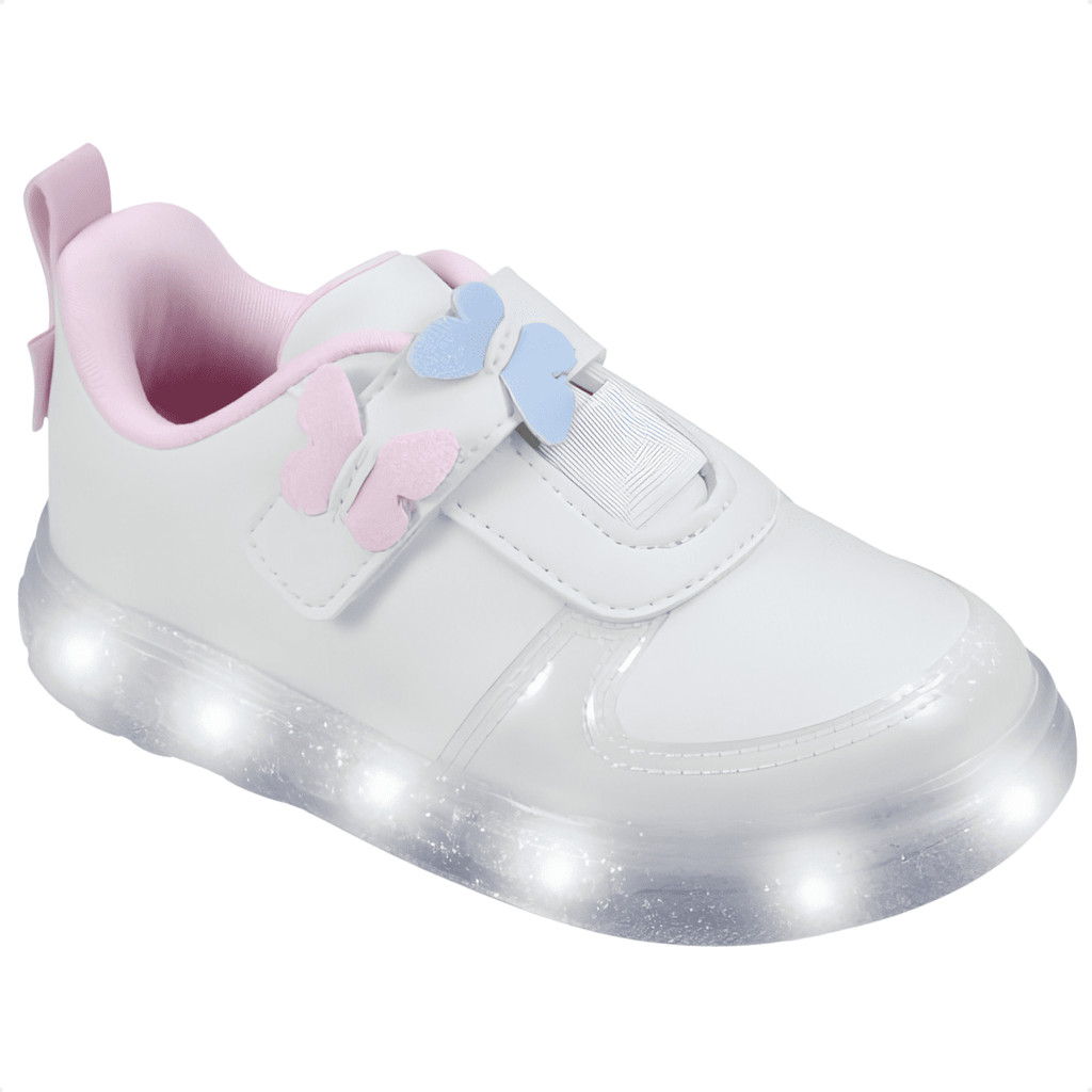 Tênis Infantil Pampili Sneaker Luz Led Borboletas 3d Estiloso Tira Autocolante
