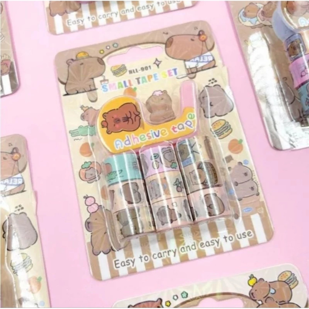 Kit Fita Adesiva Washi Tape 9 Rolos c/ Suporte Cortador Capivara - Papelaria Fofa Material Escolar Kawaii